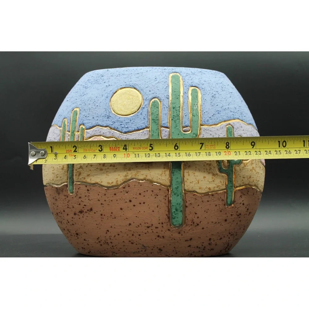 Frank Garza Signed Southwest Pottery Planter Coyote Cactus Desert Vase 10